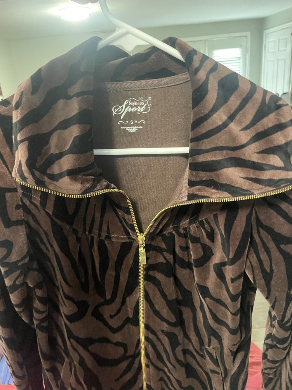 Style & Co. Brown and Black Zebra Print Teddy Jacket with Gold Zip